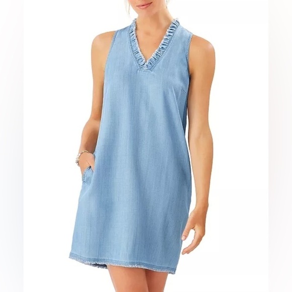 Tommy Bahama Dresses & Skirts - Tommy Bahama Chambray Ruffle Shift Dress Light Blue Storm Wash Beach Coastal XS